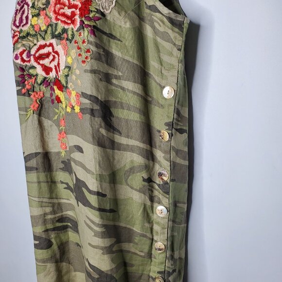 JOHNNY WAS Womens 100% Linen Adeline Dress Size S Side Button Camo Embroidered - Picture 2 of 9